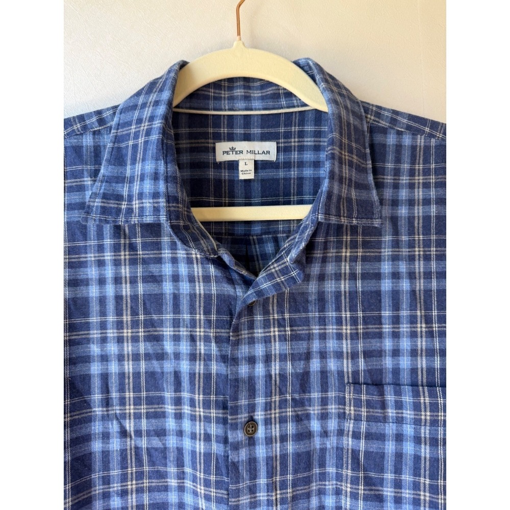Peter Millar Mens Large Blue Plaid Button Down Shirt 100% Cotton Long Sleeve L - Picture 5 of 9